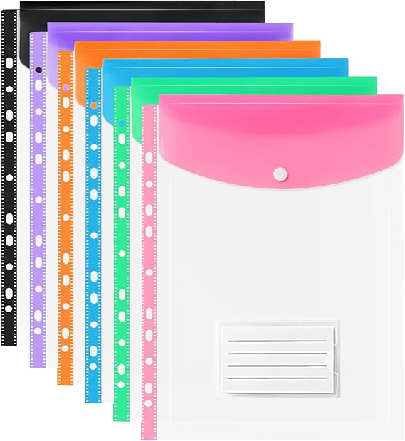 Punched Pockets A4 Plastic Wallets, 11 Holes Expandable Large Capacity Binder Pocket with Snap Button and Label Pocket, Plastic Envelope File Folders for School Home Office (Vertical-6 Packs)