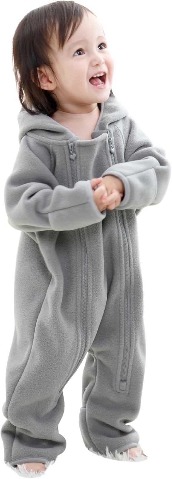 Baby Romper Winter Boy Girl Solid Polar Fleece Zipper Fold-over Mitten Footie Hooded Jumpsuit Outerwear Fall Spring