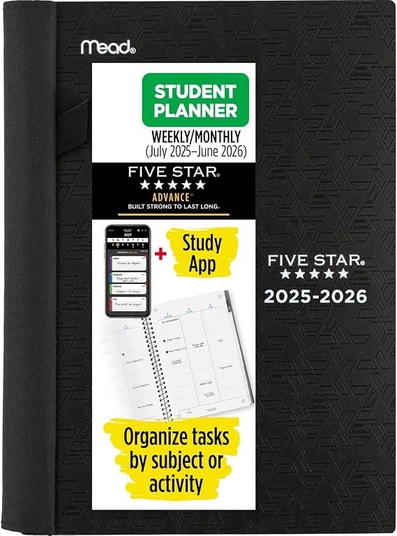 Five Star Planner 2025-2026 Academic, Weekly & Monthly Advance Student Planner + Study App, 5-1/2" x 8-1/2", Small, Black (CAW45905)