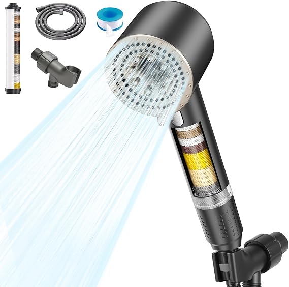 Filtered Shower Head with Handheld,High Pressure Shower Heads 3 Spray Modes Turbo with ON/OFF Switch,Water Filter Shower Head with Stainless Hose for Hard Water RV Home Camper Travel Trailer