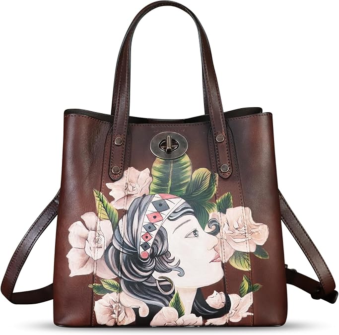 Genuine Leather Handbag Satchel for Women Hand Painted Leather Handmade Work Tote Bag Casual Shoulder Purse