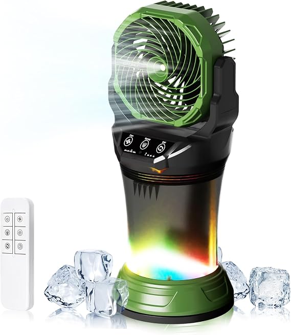 Portable Misting Fan with Remote & 30000mAh Rechargeable (Green) | Misting Fans for Outside Patios Camping Beach & Workshops 2L Built-in Water Tank RGB 4 Speeds & Spray