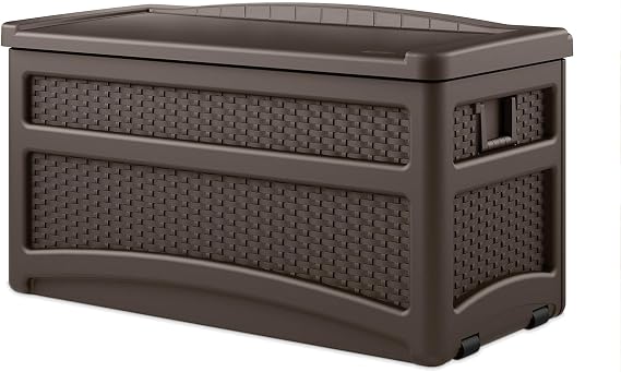 Suncast Durable 73 Gallon Outdoor Resin Storage Chest with Handles, Wheels, and Seat for Patio, Garden, or Pool for Indoor and Outdoor Use, Java