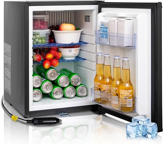 12V/110V Mini Fridge with Lock, AC/DC Compact Refrigerator, Reversible Door, Quiet Absorption Refrigerator for RV Camper, Caravan, Boat,1.4 Cu.Ft, Light, Black