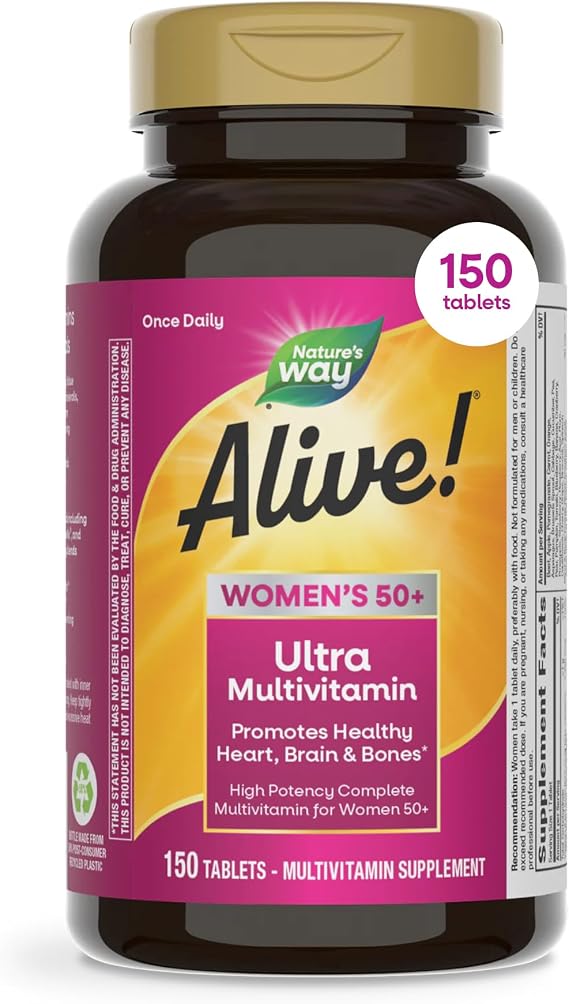 Nature's Way Alive! Women's 50 Plus Ultra Potency Multivitamin, 150 ct | Complete and High Potency Formula with Vitamin D3, C, E, and Methylated B12; Supports Heart, Brain, and Bone Health*.