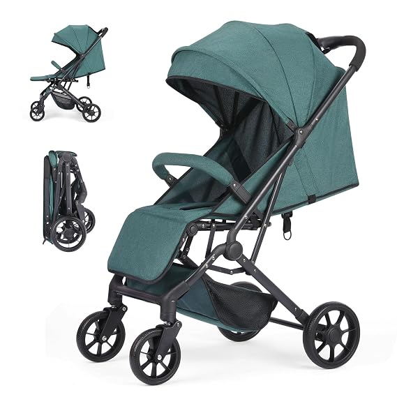 Compact Baby Stroller, Travel Toddler Seat Pushchair with Shock Absorbing Wheels, Foldable Infant Stroller with Canopy, One Button Brake, Convertible Infant Stroller for Toddler (Dark Green)