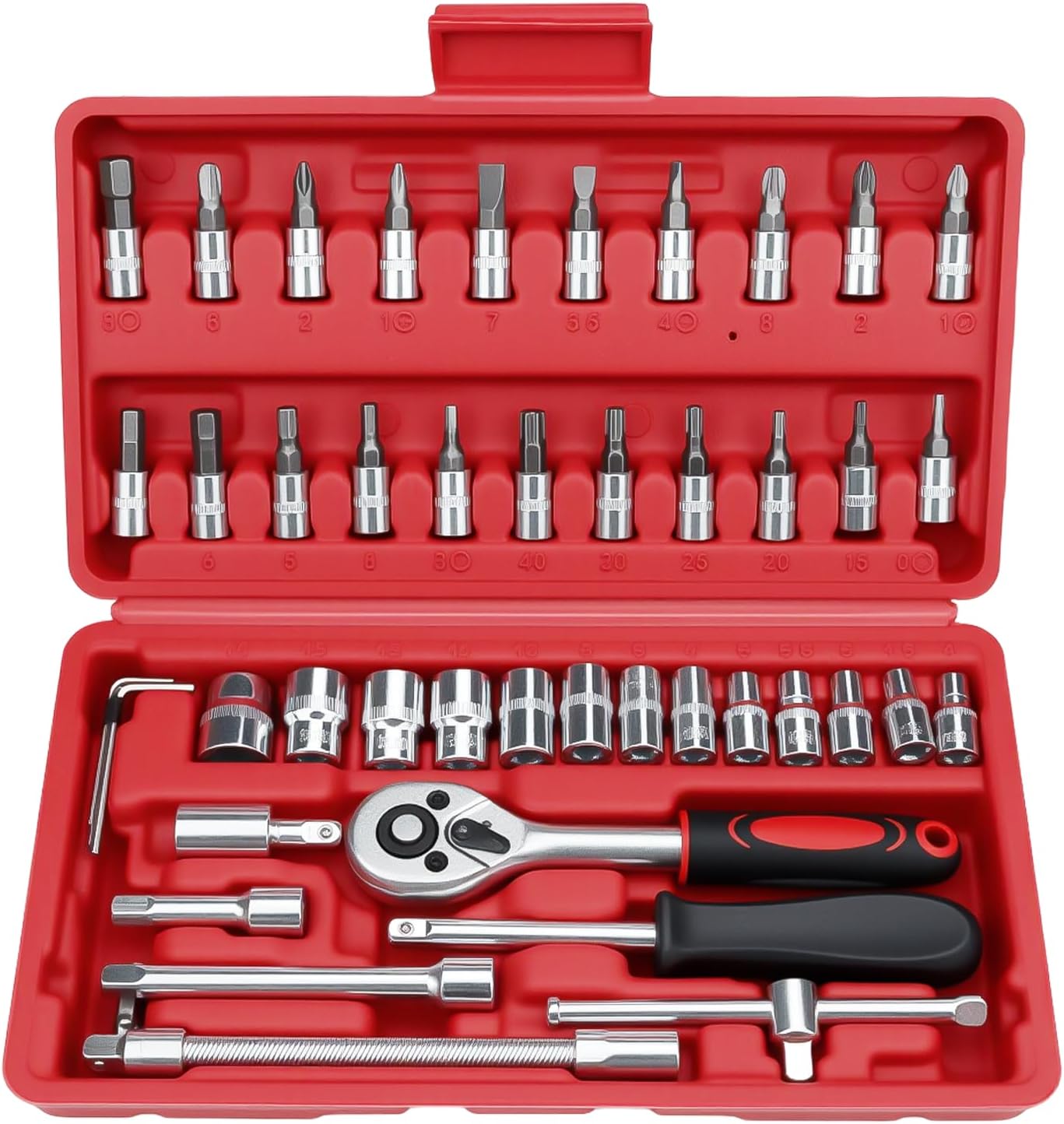 46-Piece Socket Spanner Set 1/4 Inch Ratchet Box Socket Spanner Bit Set Multi-Tooth Set Bits Socket with Quick Release & Reversible Ratchet for Repair Car Home (Red)