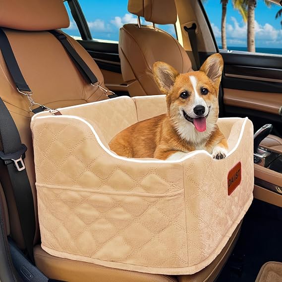 Dog Car Seat for Small Medium Dogs, Detachable Washable Dogs Booster Seat Under 35lbs, Elevated Dog Car Bed with Storage Pockets (Light Khaki, One Size)