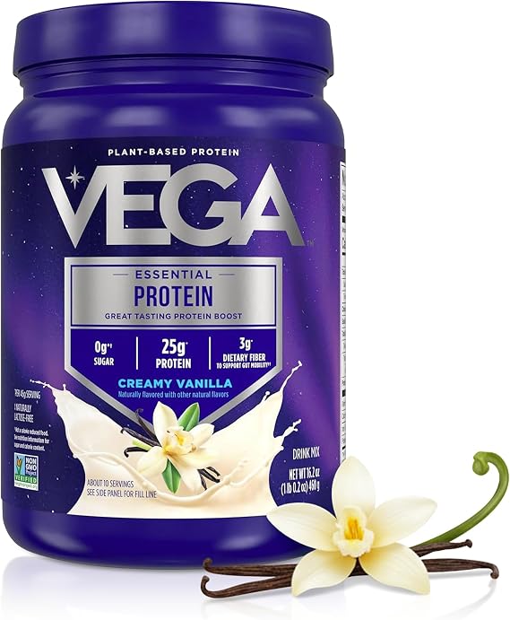 Vega Essential Protein 25g Vegan Protein Powder, Creamy Vanilla for a High Protein, Zero Sugar Shake Small Tub, 16.2oz (10 Servings)