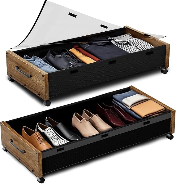 Under Bed Storage with Wheels, 2 Packs Wooden Storage Containers Extra Large Underbed Shoes Organizer, Rolling Under Bed Storage Drawers with Clear Lid, Heavy Duty for Clothes Toys 36"L(Walnut Brown)