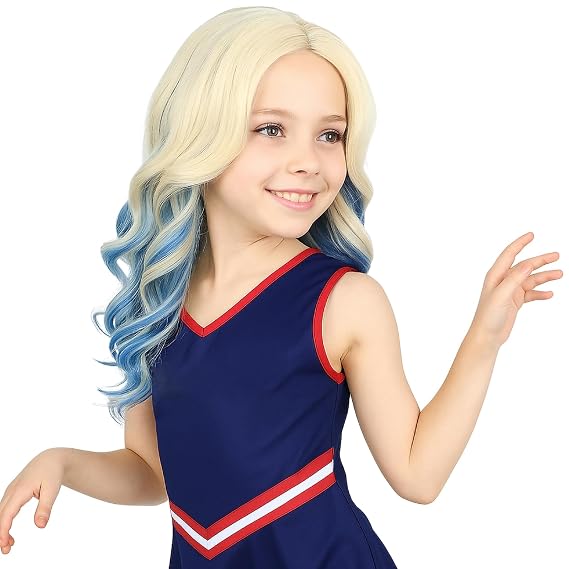 PUREHAIR Blonde Ombre Blue Anime Cosplay - Long Blond Wavy Synthetic Hair Wig for Halloween Costume Party (Small Head)