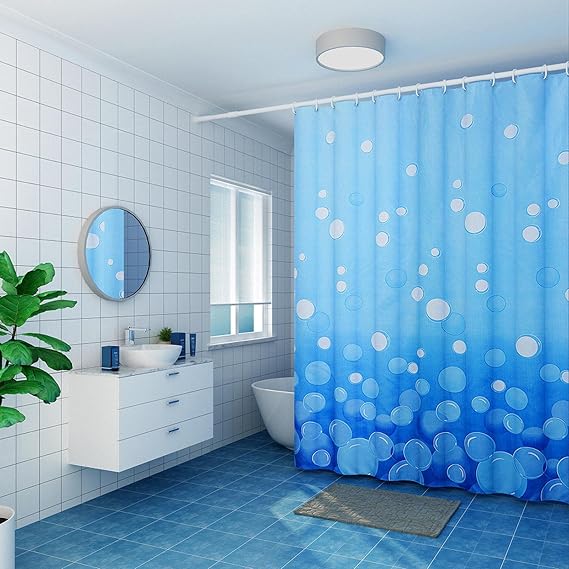 Blue Bubble Polyester Curtain Waterproof Bath Shower Curtains for Bathroom Bathtub Bathing Cover With Hooks 183x203cm(72" Wx80 H)