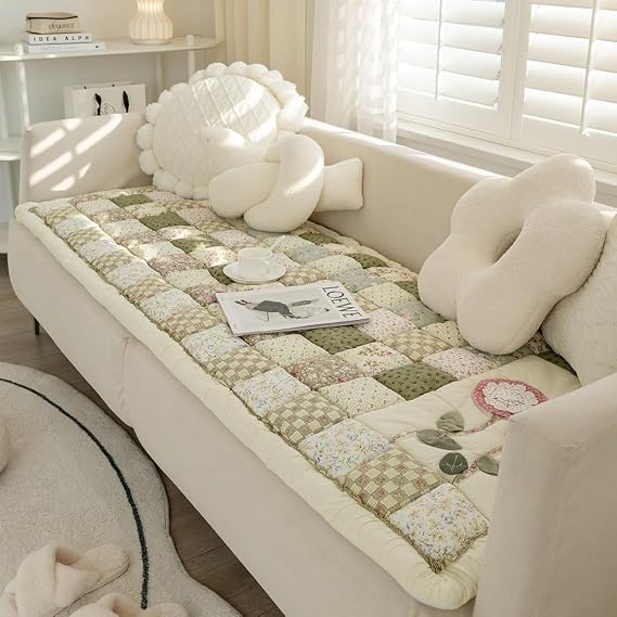 Floral Patchwork Couch Covers Farmhouse Cotton Quilted Sectional Sofa Covers Garden Chic Sofa Slipcover Non-Slip Square Plaid Pet Mat Soft Floor Mat Chair Seat Cushion For Living Room(Green,70x150cm)