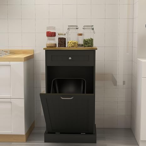 RASOO 10 Gallon Single Tilt Out Trash Can Cabinet with One Drawer,Black