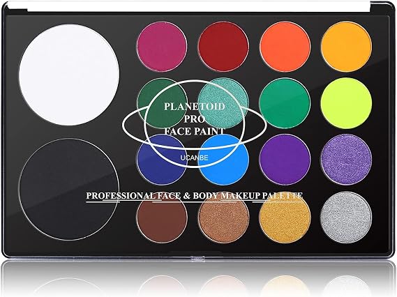 UCANBE Face & Body Paint, Water Activated SFX Makeup Palette - Extra Large White & Black Pan, Professional 18 Color Safe Non Toxic Art Painting Kit for Halloween, Cosplay, Parties, Theater & Stage