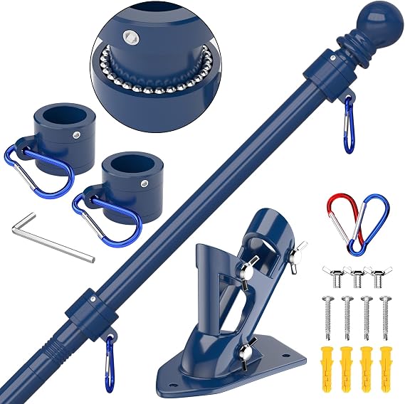 ZMTECH Flag Pole - Upgraded Bracket, 6 FT Stainless Steel Flag Poles for Outside House, Residential or Commerical, Tangle Free Flag Pole Kit for American Flag (Without Flag, Blue)