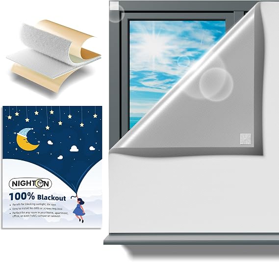 NIGHTON Portable Blackout Curtains 40"57" Strong Hook and Loop Tape Strips with Adhesive,Blackout Shades that can be Cut,100% Blackout Material Blackout Blinds for Baby Nursery or Travel Use-White-III