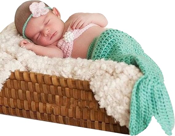 Newborn Photography Props Baby Crochet Mermaid Outfit Tail Headband Bra | Baby Costume for Beach Portraits, Seaside theme Outdoor Photoshoots, Baby Announcements, Showers, Halloween and Christmas