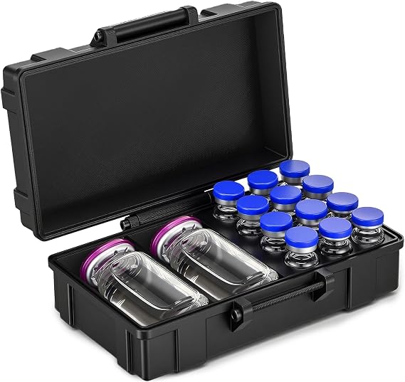 Hushee Peptide Case, 12 x 3ml & 30ml Bac Vial Storage Case Reconstitution Solution Peptide Glp1, Dual Size 30ml and 3ml 14 Slots for Vial Storage Fridge Freezer Travel
