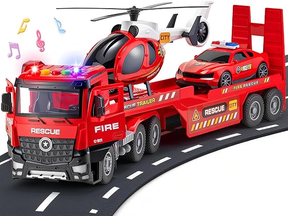 Fire Truck Toys for Toddler Boy 3 4 5 6 Year Old, Carrier Truck Toy | with Racing Car and Helicopter, Big Firetruck with Openable Doors & Sounds & Lights, Birthday Gifts for Kids Child 22"