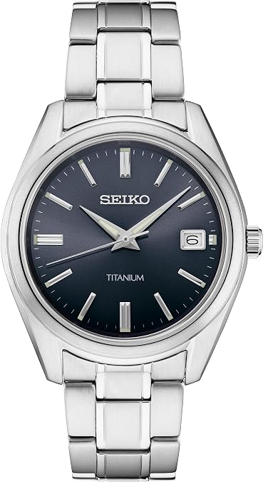 Seiko SUR373 Watch for Men - Essentials - Blue Dial with Sunray Finish, Date Calendar, Titanium Case & Bracelet, Sapphire Crystal, and 100m Water Resistant