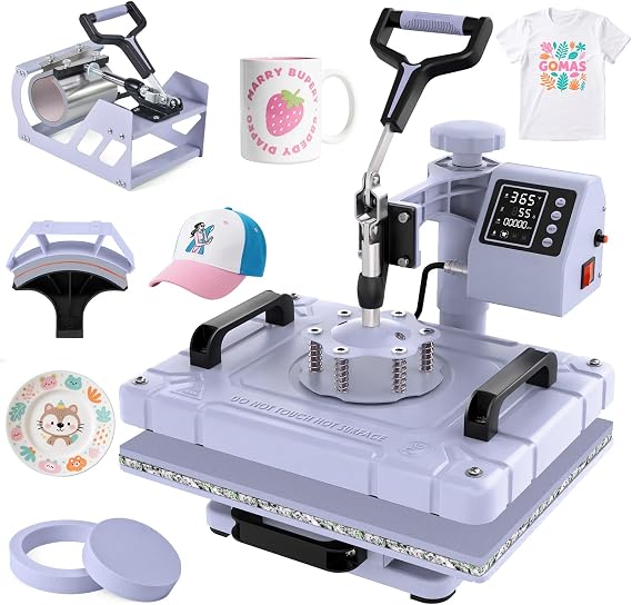 Slendor Heat Press Machine 12x15 inch, 5 in 1 360-Degree Swing Away Digital T Shirt Pressing Machine Multifunction Heat Transfer Sublimation Combo for T Shirts Mugs Hat Plate Cap, Lavender