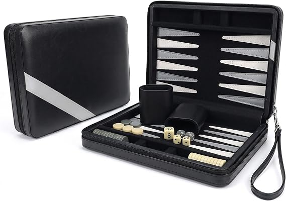 WE Games Backgammon Set, Board Games for Adults - Travel Games - Black with Gray Stripe Magnetic Leatherette Backgammon Board and Carrying Strap - Travel Backgammon Sets for Adults