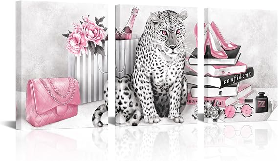 Visual Art Decor Glam Fashion Picture Pink Blush Wall Art Leopard Books High Heel Shoes Perfume Canvas Prints for Modern Home Office Woman Girl Makeup Bedroom Wall Decoration Creative Design Gift | 12x16inchx3 Pieces, Gallery Wrapped Ready to Hang