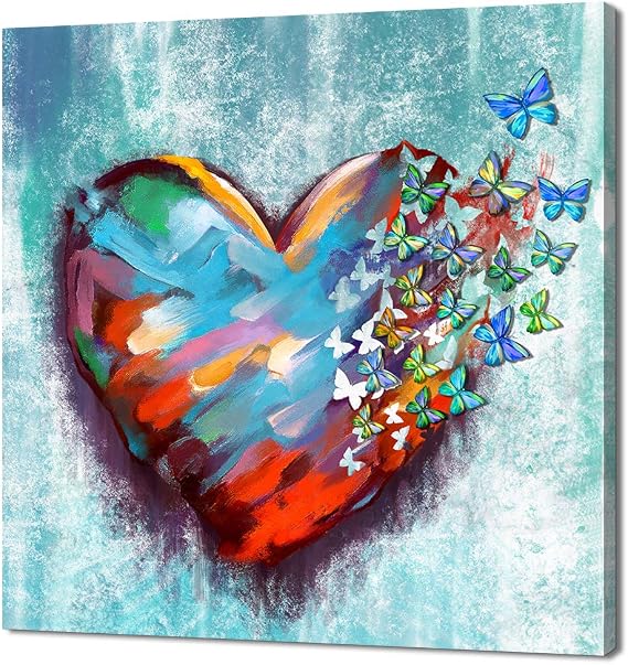 Derkymo Love Heart Butterflies Canvas Wall Art Colorful Romantic Artwork for Home Apartment Bedroom Gift for Wife Women Anniversary Framed Ready to Hang 24"x24"