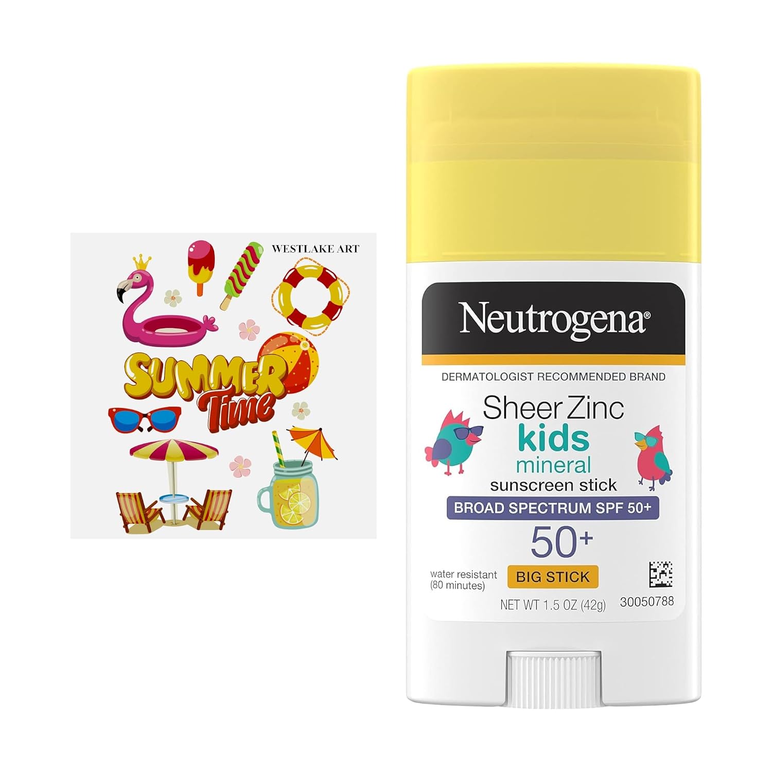 Sheer Zinc Kids Mineral Sunscreen Stick, Broad Spectrum SPF 50, Waterproof, Non-oily, 2.88 oz - Bundle with Tropical Pool Beach Stickers, No-Mess Application Pack of 1