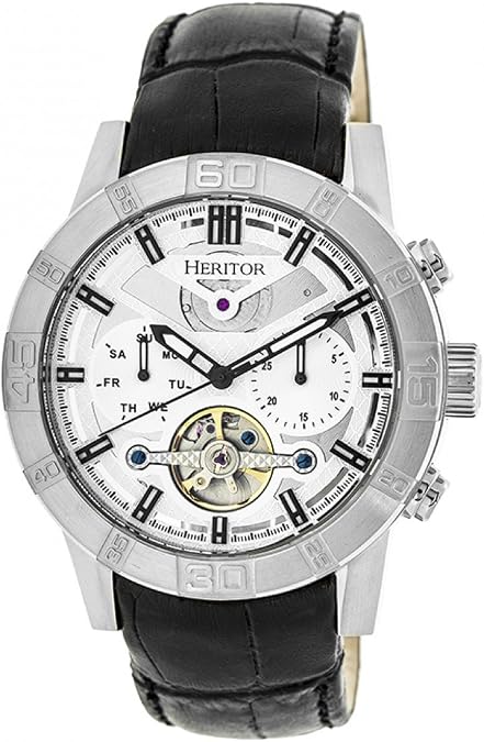 HERITOR Hannibal Automatic Watch for Men 44mm Mens Semi-Skeleton Watch with Jeweled Automatic Movement, 316L Stainless Steel Case, Sapphire-Coated Mineral Crystal, Leather Strap (HERHR4101)