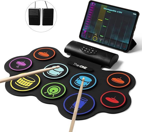The ONE Electronic Drum Set 9 Pads Roll Up Drum Kit With Free App, Dual Built-in Speakers, Drum Sticks Pedals, Bluetooth MIDI, Great Christmas & Birthday Gift For Kids and Beginners