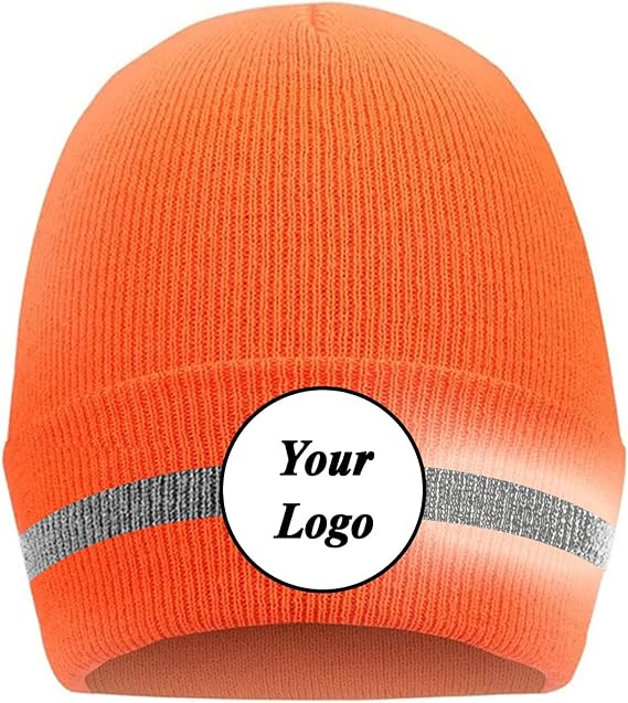 Customizable Safety Beanie Reflective Knit Beanie Hats Warm Winter Knit Hats Orange