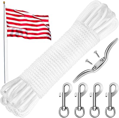 Anglekai 50FT 100FT Flag Pole Rope Line Kit, 516 in Flag Rope and Clips Kit Replacement with 4PCS Swivel Flag Pole Hook ClipsCleat Hook 50FT