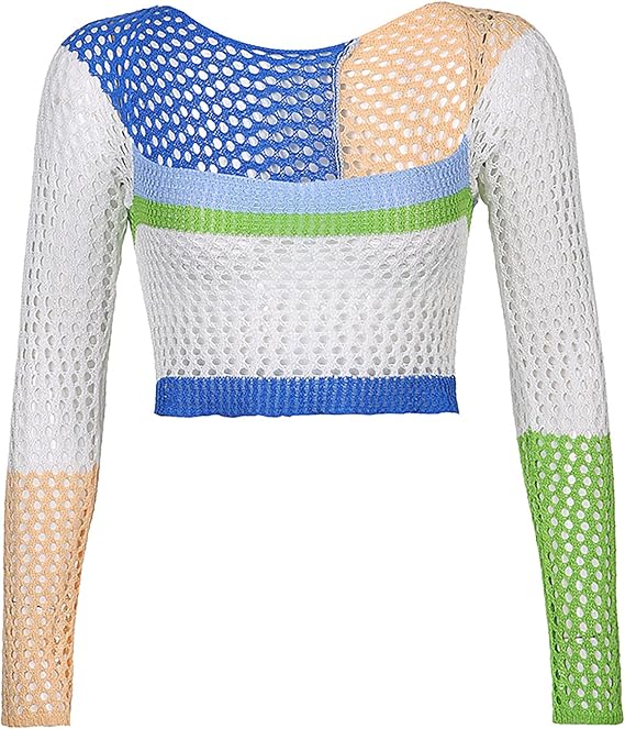 Women Hollow Out Crochet Knit Crop Tops Y2K Color Block Long Sleeve Pullover Shirts Streetwear