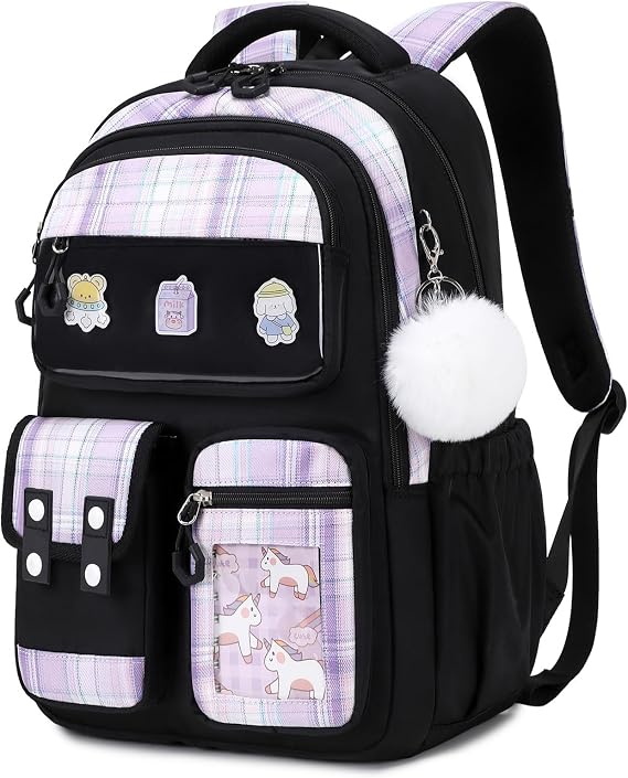 Girls School Backpack, Cute Kawaii Kids Rucksack for Primary School Students, Water Resistant Bookbag with Cartoon Pins & Pom Pom, Travel Bag with Luggage Strap