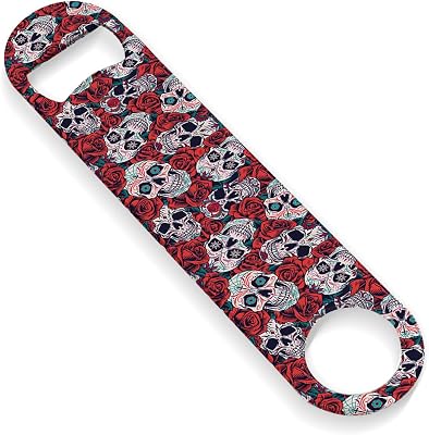 Flat Stainless Steel Beer Bottle Opener, 7 x 1.5, Dead Skull with Flowers Design