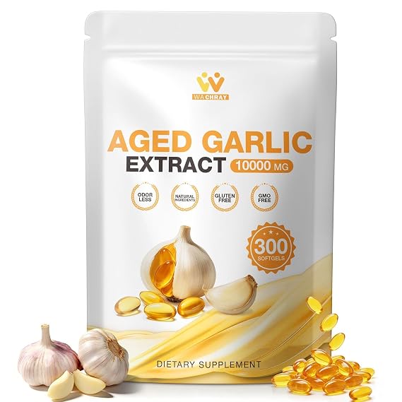 Aged Garlic Extract Supplement, 10000mg 20:1 Odorless Garlic Softgels, High Potency Garlic Extract for Daily Heart & Immune Support, Non-GMO, Gluten-Free, Vegan 300 Count