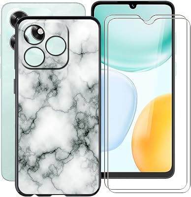 Phone Case for Honor X5c Plus 6.74 with [2 x Tempered Glass Protective Film], Ultra-Thin Shockproof Bumper Cover Black Soft Silicone Case for Honor X5c Plus - Marble