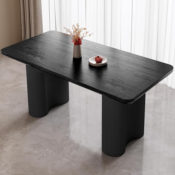 62.99" Modern Rectangular Dining Table for 46, Mid-Century Black Kitchen Table with Wavy Legs & Wood Grain Top, Stylish Dinner Table for Apartment, Office or Living Room, Easy Assembly