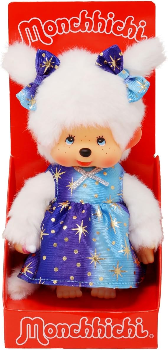Sekiguchi 221240-Original Monchhichi Girl with Star Dress, Plush 20 cm Height Approx. Brown Plush, Multicoloured, One Size (221240)