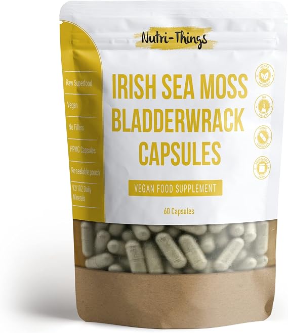 Irish Sea Moss Capsules | Seamoss Herbal Supplements with Bladderwrack | Vegan Alternative to Sea Moss Gummies | High Strength 60 Capsules