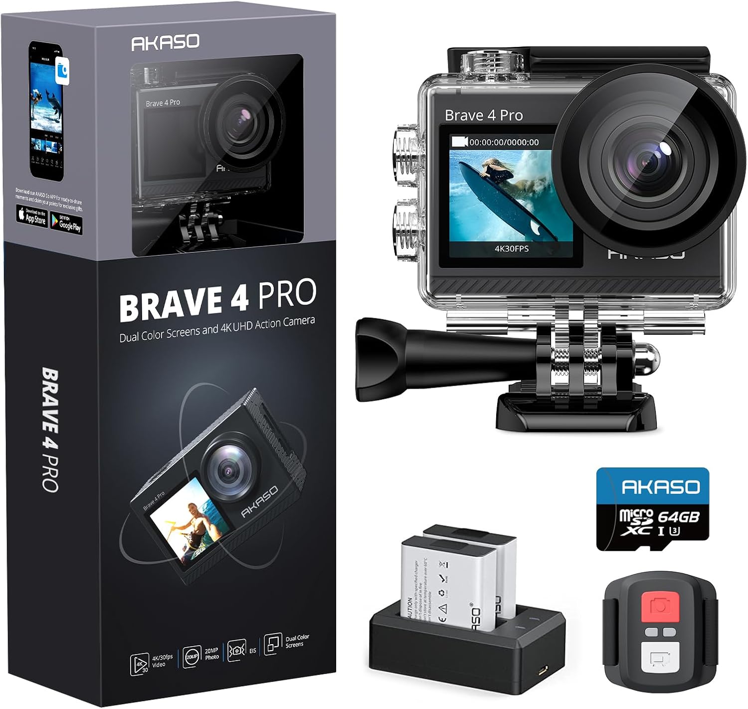 akaso brave 4 pro action cam 4k30fps 20mp with 64gb u3 memory card 40m underwater camera ultra hd touchscreen 170 ° wide angle ice stabilization 5x zoom 2.4g remote control and 2 batteries 1350mah