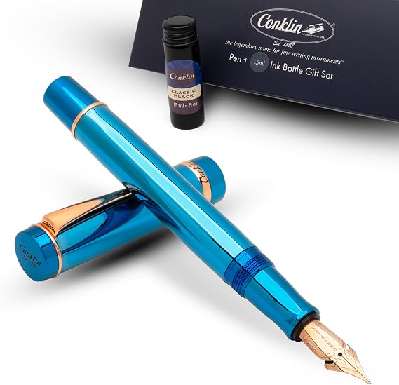 Conklin Duragraph Metal Blue Fountain Pen Medium Nib + Free 15ml Ink Bottle Elegant Pen Gift Set for Holidays, Executives, Men & Women