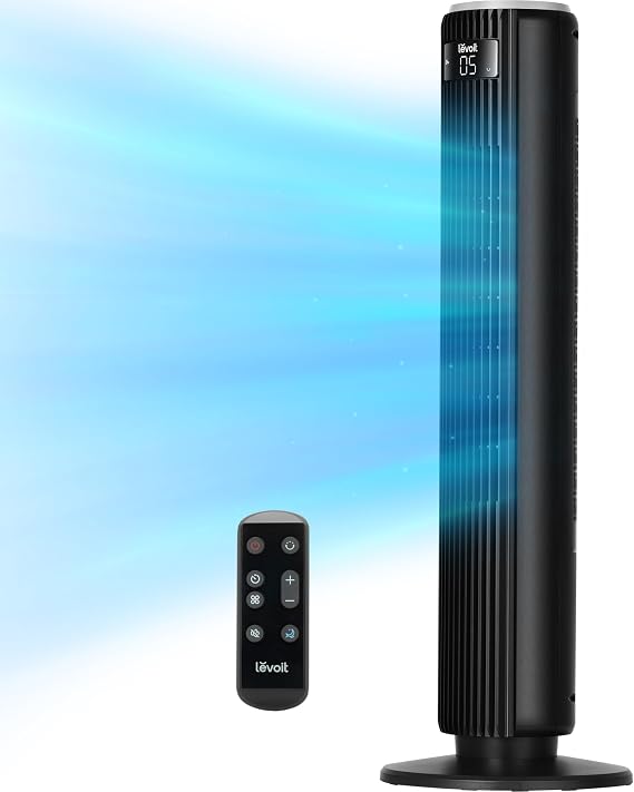 Levoit Tower Fan for Bedroom, 28ft/s Fans that Blow Cold Air, 28dB Quiet | Standing Floor Fan for Room, 90 Oscillating, 5 Speeds 4 Modes & Temp Sensor, Bladeless, 12H Timer, Remoter, 36 inch, Black