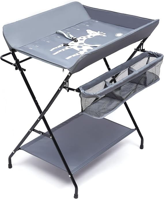 Baby Changing Table, Baby Changing Unit, Foldable Baby Changing Station with Storage Organizer Wheels, Adjustable Height Nappy Diaper Changing Table for Newborn Infant, Dark Grey
