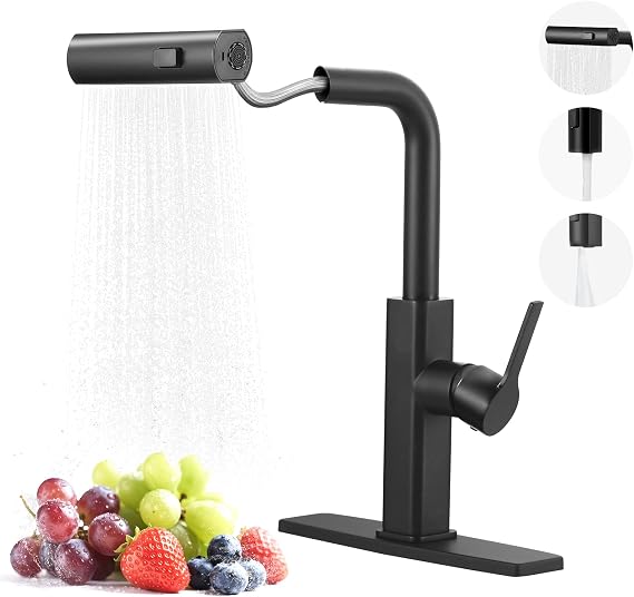 Kitchen Faucet with Pull Down Sprayer: ALEASHA Waterfall Kitchen Faucet with 3 Function Pullout Sprayer, Brass Core Single Handle Faucet, 360Rotatable Black Single Hole Sink Faucets for Modern