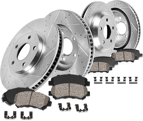 Callahan Brake Parts Brake Kit for Volvo S40 2004-2005, Volvo V50 2005 Front and Rear Drilled and Slotted Brake Rotors with Ceramic Brake Pads