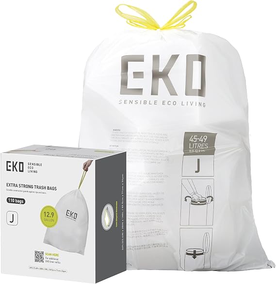 EKO 12.9 Gallon / 45-49 Liter, 110 Count Drawstring Trash Bags, Extra-Strong Unscented Garbage Bags, Easy-Dispense Roll for Kitchen & Household Use, Resists Tears, Leaks and Punctures, Code J, White