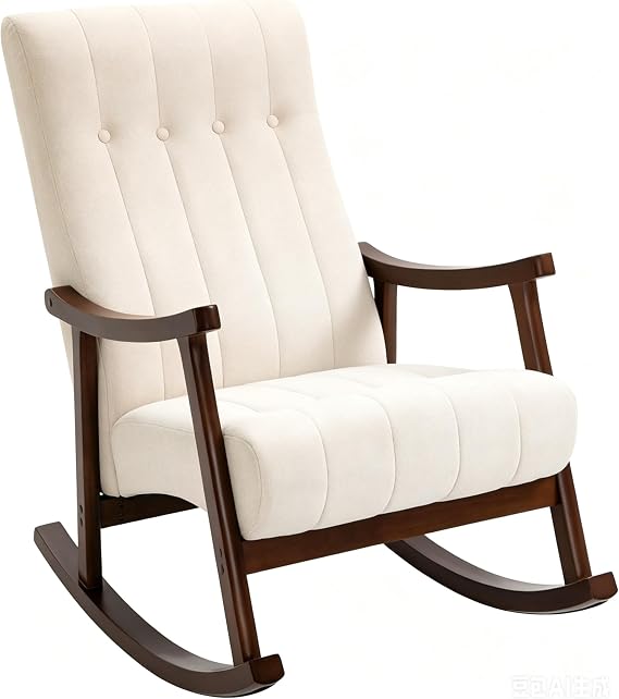 AVAWING Rocking Chair, Beige Upholstered High Back Solid Wood Armchair